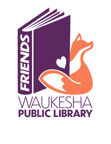 Friends of the Waukesha Public Library Logo. Purple book with an orange fox seated next to it.